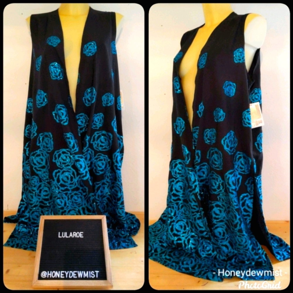 LuLaRoe Black Vest with Teal Floral Print